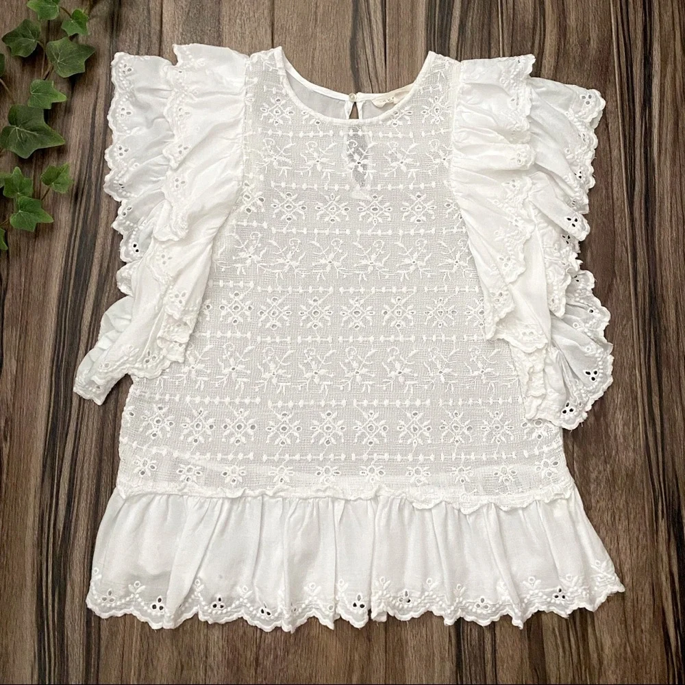 Lovestitch sheer cotton eyelet ruffled sleeve blouse, white - Picture 1 of 8